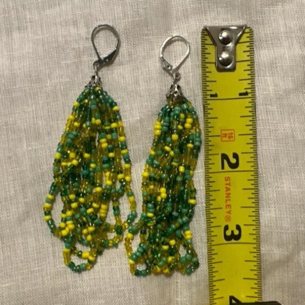 Braided Seed Bead Green Yellow Necklace Earrings Adjustable Silver Chain Boho - Picture 7 of 7